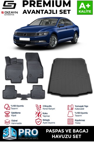 S-dizayn Vw Passat B8 3d Pro Havuzlu Paspas Ve Bagaj Havuzu Seti 2'li Set 2015-2019 A+ Kalite