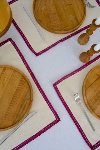 Yakacihome 4'lü Terra Duck Keten Fisto Dantel Biyeli Otantik Supla Amerikan Servis 35x50 Cm Bordo - Krem