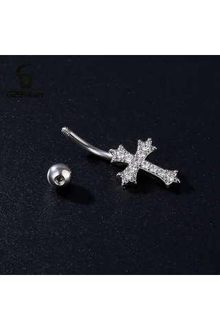Flybuy Altın Gümüş Zirkon Çapraz Sembol Kavisli Titanyum Navel Ring, 1.5cm, Göbek Yüzük, Dini Tasarım, G23titan Marka, Paslanmaz Çelik Ve Titanyum, Erkek/kadın, Moda Aksesuar Gümüş