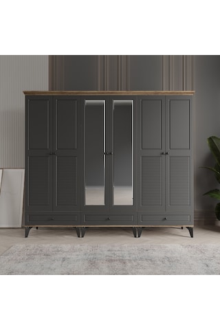 Beenal Nisa 6 Kapaklı Gardırop Dolap 240 CM Atlantik Çam - Antrasit