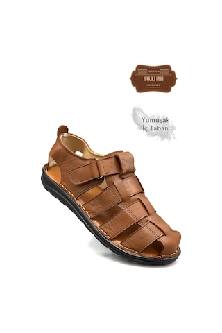 Sermoda Hakiki Deri Burnu Kapalı Erkek Sandalet Taba