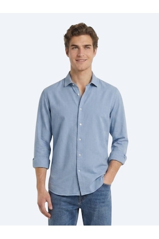 Kip Koyu İndigo Düz Regular Fit Uzun Dokuma Casual Pamuk Karışımlı Gömlek Mavi