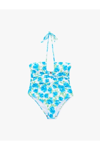 Koton Pencere Detaylı Çiçek Desenli Halter Yaka Mayo Mavi Desenli 6sak20108mm