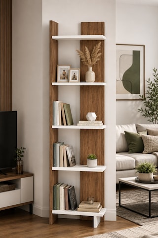 Andes Ceviz Renk Dekoratif Kitaplık Ve Çok Amaçlı Raf Ünitesi Modern Salon Kitaplığı Açık Raf Sistemi Ceviz Beyaz