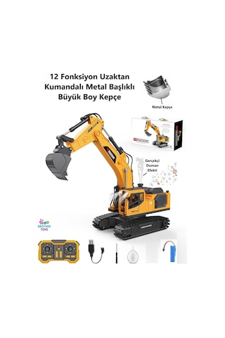 Dev Boy 40 Cm. Duman Çıkaran 12 Kanal 680 Derece Dönebilen Oyuncak Kepçe Metal Uzaktan Kumandalı Şarjlı Dozer Sarı