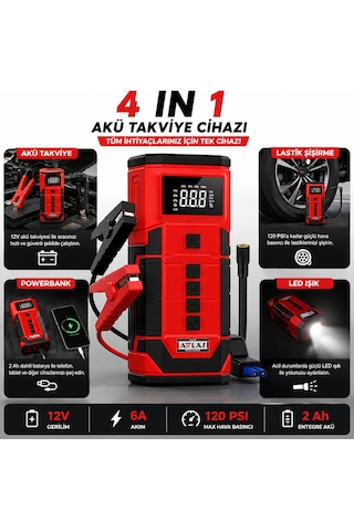 Attlas Ajs 12 4'ü 1 Arada Akü Takviye Cihazı 12v 6a 120 Psı Lastik Şişirme Powerbank Led
