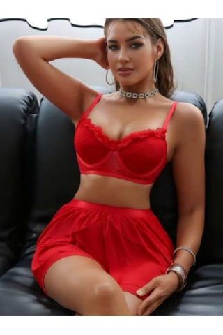 Kadın Kırmızı İki Parça Şık Askılı Gece Elbise Kırmızı