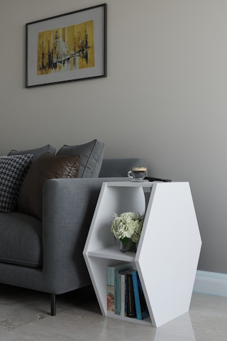 Alpa Ev Mobilya Altıgen Tasarım Yan Sehpa, Modern Koltuk Yanı Ve Dekoratif Kitaplık, Salon Sehpası Beyaz