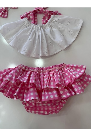 H L Y Karol Tasarım Pembe Kareli Crop Takım Kız Bebek Elbise,doğum Günü Elbise,fotoğraf Çekim Elbise,0-7 Yaş Uygun Pembe