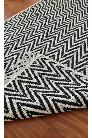 Pamuklu Cotton Kilim Çift Taraflı Yıkanabilir Dekoratif 80x150 - Siyah Beyaz V1 Siyah - Beyaz