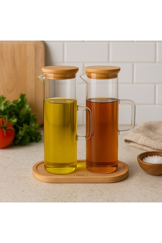 Lavino 3 Parça 400 Ml Borosilikat Yağlık - Bambu Altlık Ve 2 Adet Bambu Kapaklı Cam Yağdanlık Şeffaf