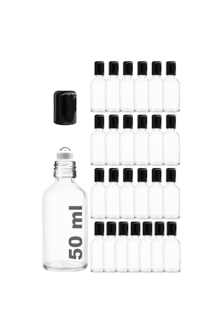 Çelik Roll On Şişesi 50 ML Sızdırmaz Siyah Kapaklı Şeffaf Cam Şişe 25 Adet