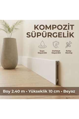 Espumo Kompozit Süpürgelik 10 cm Beyaz | Suya Dayanıklı Parke Duvar Süpürgelik 2,40 m ESP401