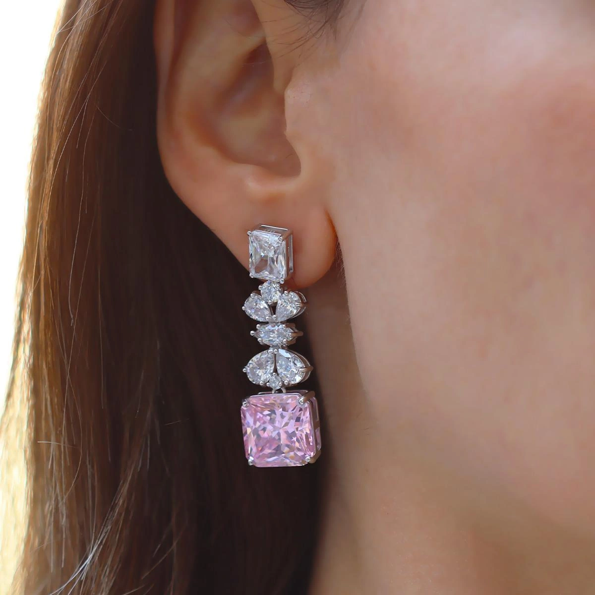 Pembe Kare Çiçekli Gümüş Işıltı Gümüş Küpe Gümüş