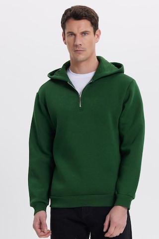 Tudors Unisex Relax Fit Rahat Kesim Pamuklu İçi Polarlı Yarım Fermuarlı Yeşil Kapüşonlu Sweatshirt-37026