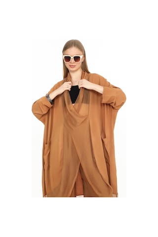 Bohem Stil Italyan Ipek Detaylı Oversize Kap Bluz- Wes Pantolon Takım-8863 Cappuccino