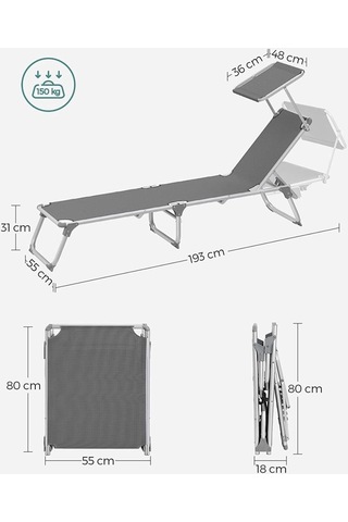 Songmics Gcb19 55x193x31 Cm Gölgelikli Katlanabilir Şezlong Antrasit