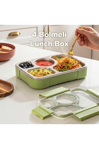 Porsima Bl25239 Isı Yalıtımlı Paslanmaz Çelik Sızdırmaz Silikon Kapak 4 Bölmeli Vakumlu Yemek Termosu Beslenme Kutusu Taşınabilir Lunch Box Sefer Tası Yeşil