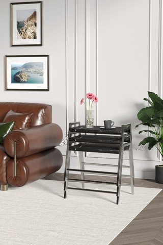 Zigon Sehpa , Aden 3'lü Tepsi Zigon Sehpa Takımı Gümüş Metal - Siyah Mermer Tabla Gümüş-siyah Mermer