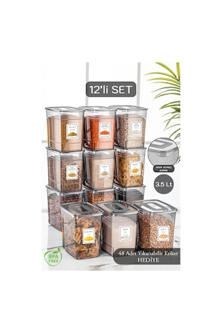 Meleni Home 12'li Mega Set - 3,5 Litre Lena Etiketli Erzak Saklama Kabı - Kiler Dolap Düzenleyici Bakliyat Kabı
