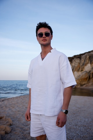 Beyaz Renk V Yaka Gömlek Şort Erkek Yıkamalı Keten Takım-1740 Beyaz