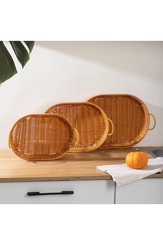 Porsima 708d Oval 3'lü Hasır Tepsi Dekoratif Sunum Servis Tepsisi