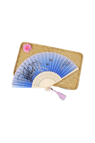 Beluga Yelpaze Bambu Serinletici Vintage Mavi Şık Dekorasyon Püsküllü Japon Yelpaze 0310