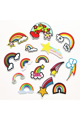 15 Adet Gökkuşağı İşlemeli Ütüyle Yapıştırılan Yama, İşlemeli Kendinden Yapışkanlı