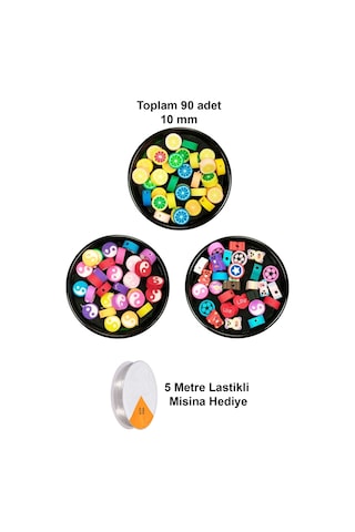 90 Adet 10 Mm Polimer Kil Fimo Boncuk Takı Bileklik + 5 Metre Misina Hediye - Yin Yang - Karışık - Limon