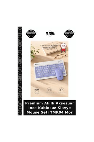 Premium Akıllı Aksesuar İnce Kablosuz Klavye Mouse Seti Tmk04 Mor