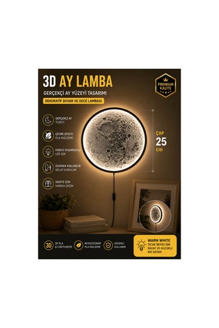 3d Ay Gece Lambası Gerçekçi Ay Yüzeyli Led Duvar Lambası 25 Cm Dekoratif Pla Aydınlatma