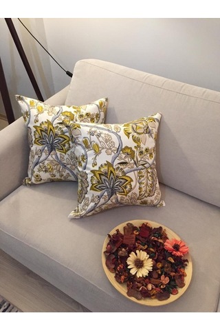 Finezza Gardens Çiçek Baskılı Pamuk Kumaş Krem Yeşil Kırlent 45X4