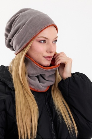 Butikgiz Kadın Dış Kısım Polar, İç Kısım Kaşkorse Pamuklu, Çift Renk, Çift Kat, Katlanabilir Bere Boyunluk Set Gri-kiremit