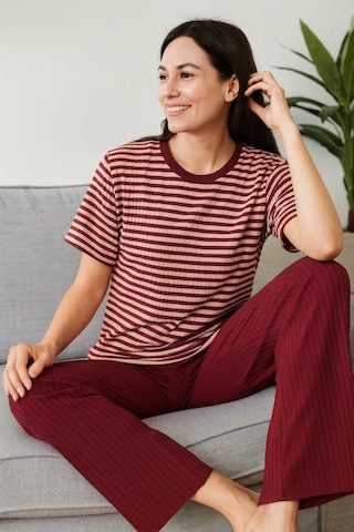 Tenra Kadın Pijama Takımı Kısa Kollu %100 Pamuk Bordo