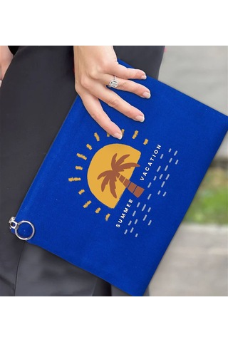 Bk Gift Yaz Temalı-6 Astarlı Mavi Portföy Çanta 30x21cm, Baskılı El Çantası, Organizer Çanta