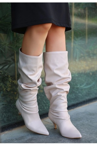 Zelya Bej Cilt Topuklu Çizme Bej