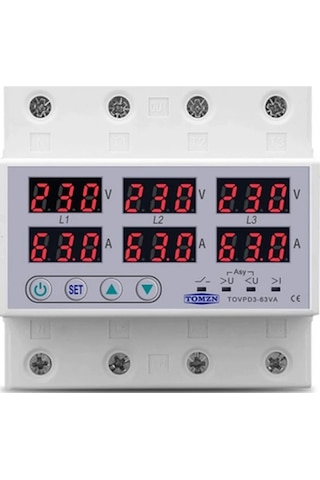 Tomzn 63A Ev Tipi Trifaze Voltaj ve Akım Koruma Rölesi Yüksek Alçak Gerilim Yıldırım Koruyucu Röle