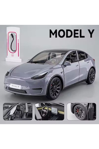 Tesla Model Y 1:24 Ölçek Diecast Döküm Model Araba Sesli Işıklı Gri Jarj İstasyonlu Model