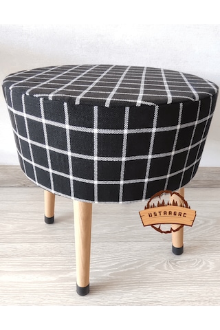 Puf Koltuk Tabure - Siyah Üstü Beyaz Örme Ekose - Ahşap Gürgen Ay