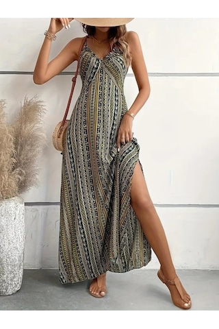 Kadın Ip Askılı Sırttan Çapraz Detaylı Yırtmaçlı Desenli Süprem Elbise Yeşil