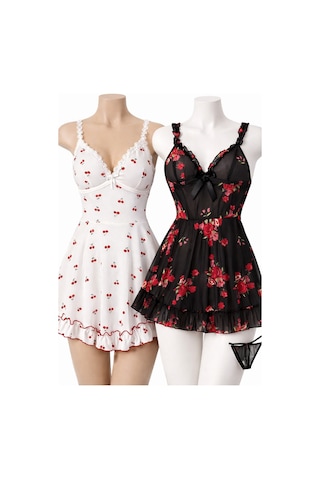 Albonishop Kadın Beyaz Kiraz Desenli Dantel Detaylı Askılı Babydoll Gecelik Çok Renkli