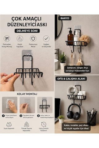 Delmede Yapışkanlı Metal Organizer Raf Askı 20 12.5 Çok Amaçlı Düzenleyici Siyah