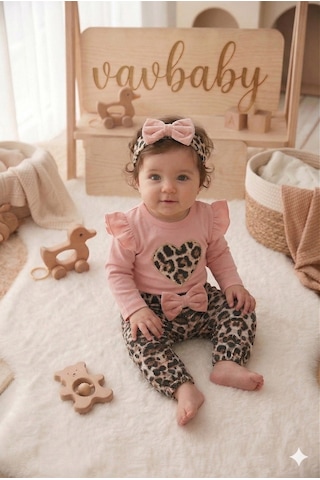 Kız Bebek Leopar Desenli Çıtçıt Zıbın Model Kalp Figürlü Bandanalı 3 Lü Takımı Pembe Kız Bebek Leopar Desenli Çıtçıt Zıbın Model Kalp Figürlü Bandanalı 3 Lü Takımı Pembe