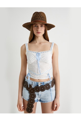 Koton Fiyonklu Askılı Üst Crop Fistolu Slim Fit Beyaz 4sal30062ıw Beyaz