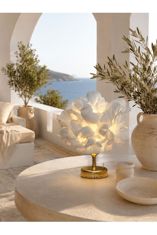 Beyaz Atelier Tasarım Kablosuz Pilli Masa Lambası - Alt Parlak Gold