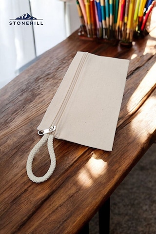 Kalem Çantası, %100 Pamuk Kanvas Bez, Minimalist Tasarım, 23x12 Cm Krem