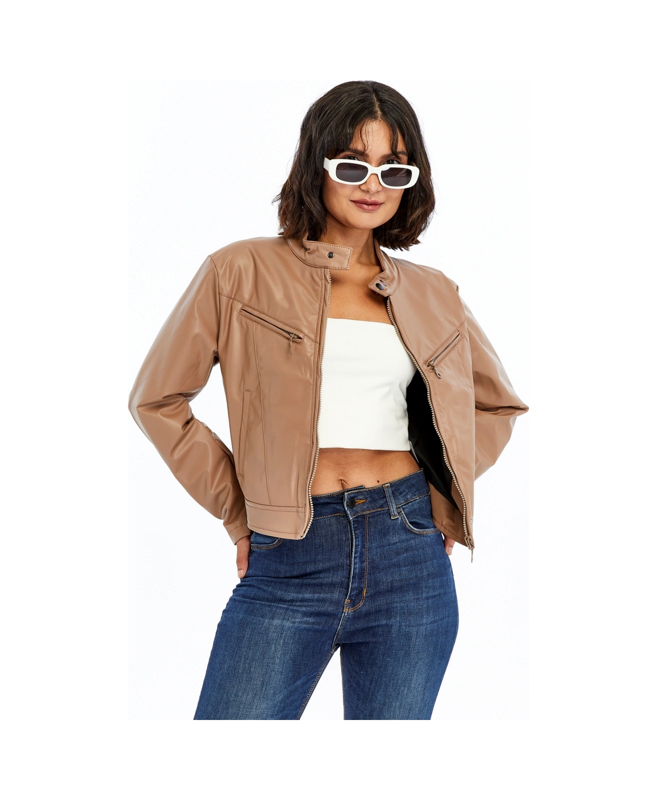 Kadın Deri Ceket Niş Kompakt Tasarım Mont Günlük Kullanım Fermuar Hakim Yaka Şık Ceket Pudra