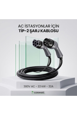 Coswatt Elektrikli Araç Tip-2 Şarj Kablosu 22kW / 32A / 5 Metre / 380V AC / Tip-2 / IEC 62196
