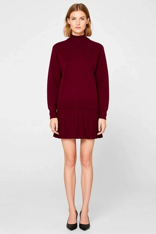 Benerly Kadın Oversize Reglan Kollu Dik Yaka Pileli Etek Kazak Takımı Rah bordo