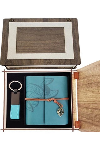 Özel Ahşap Kutulu Mavi Deri Defter Ve Anahtarlık Set 1 Adet